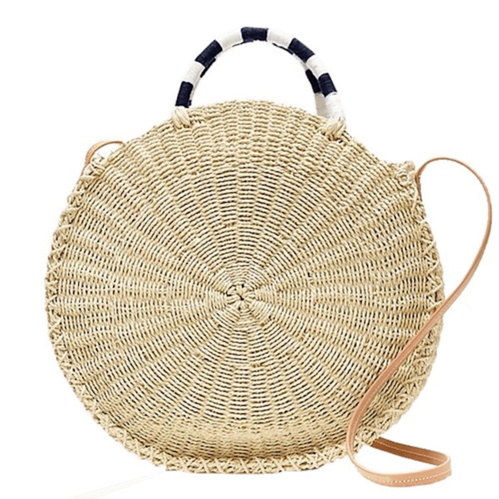 NWT J. Crew Circle Straw Raffia Tote Shoulder Bag with Tan Leather Strap